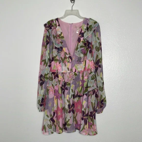 Hutch Floral Printed Ruffled Long Puff Sleeve Pink Mini V Neck Dress Size 10 New - Picture 2 of 9